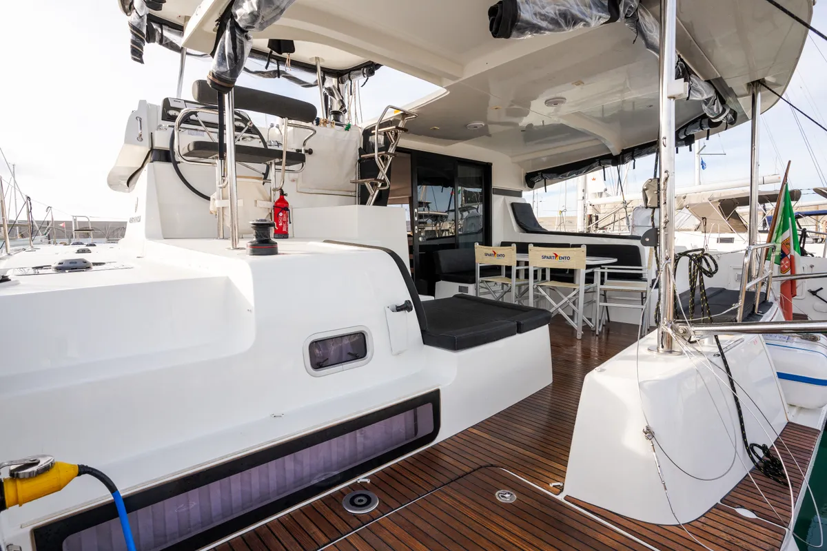 Deck of Gelsomino, a Lagoon 42 catamaran at Rosignano Solvay, Italy