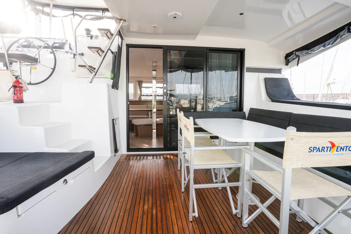 Deck of Gelsomino, a Lagoon 42 catamaran at Rosignano Solvay, Italy