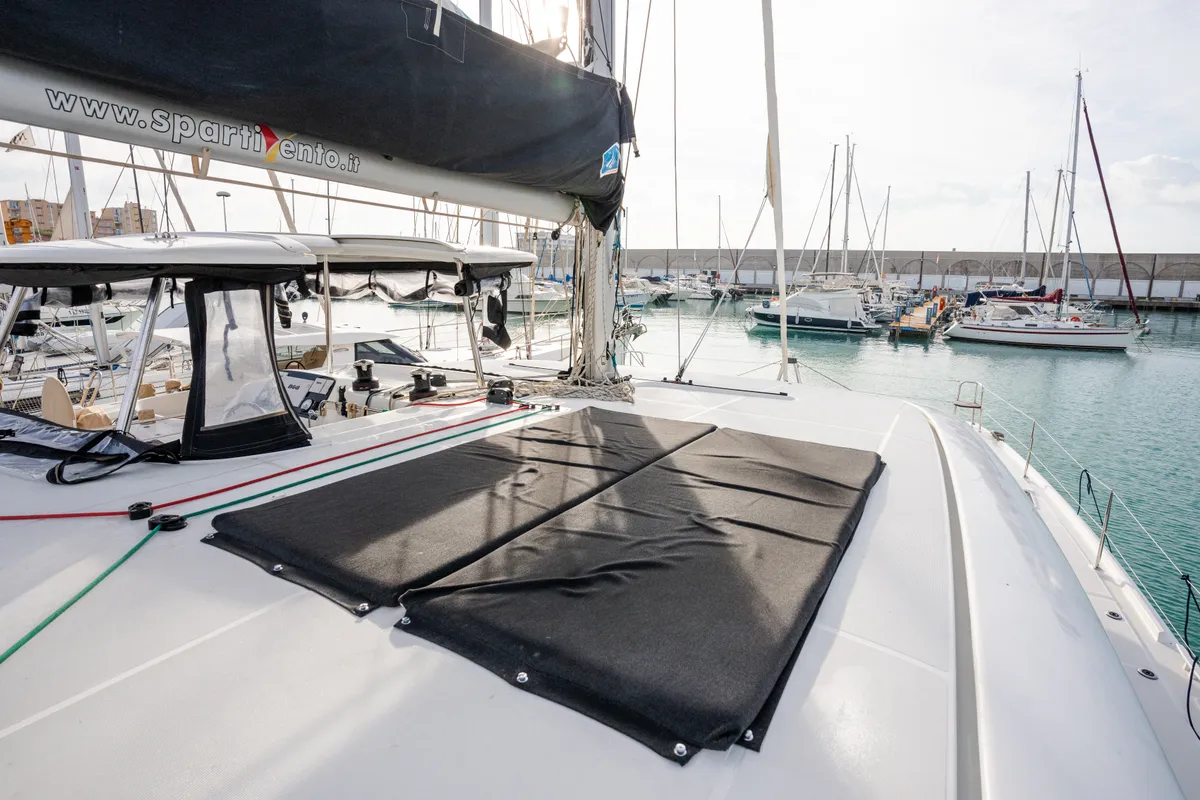 Deck of Gelsomino, a Lagoon 42 catamaran at Rosignano Solvay, Italy