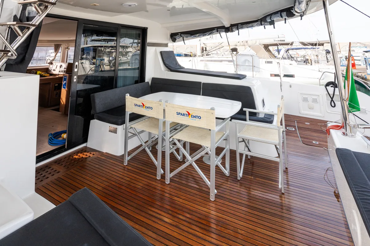 Deck of Gelsomino, a Lagoon 42 catamaran at Rosignano Solvay, Italy