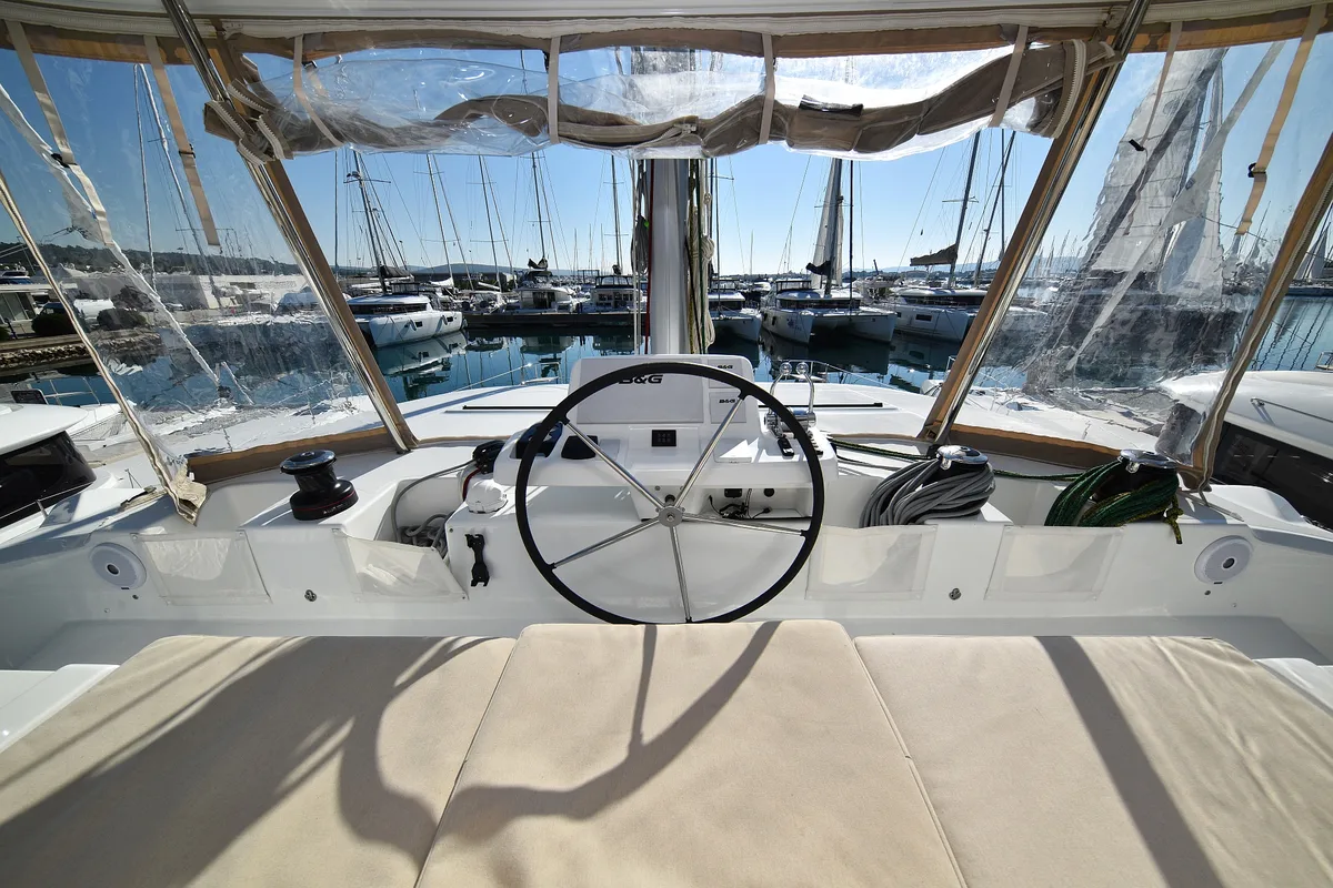 Cockpit of Shadow, a Lagoon 50 catamaran at Sukošan, Croatia