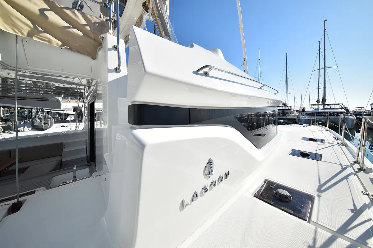 Exterior view of Shadow, a Lagoon 50 catamaran at Sukošan, Croatia