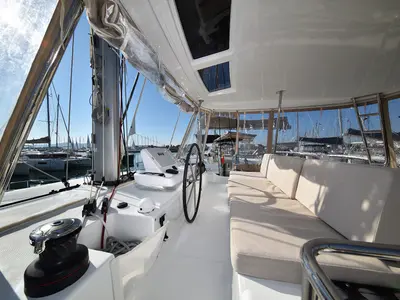 Cockpit of Shadow, a Lagoon 50 catamaran at Sukošan, Croatia