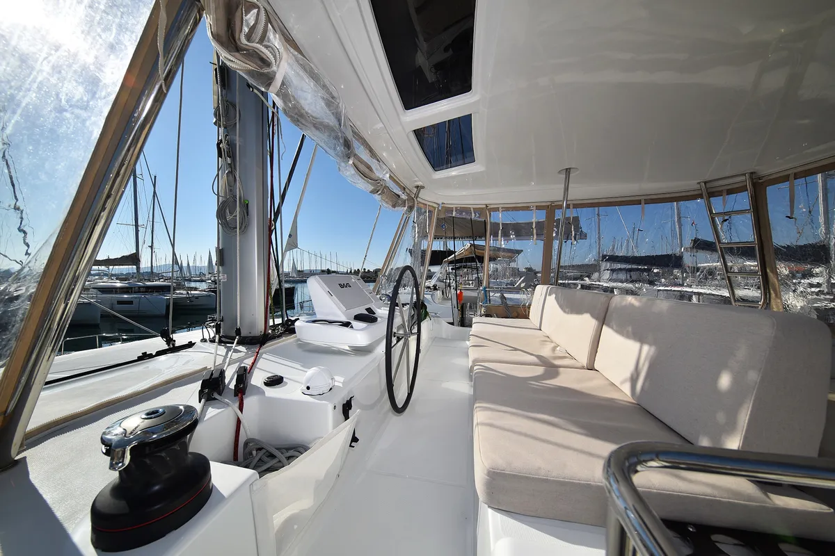 Cockpit of Shadow, a Lagoon 50 catamaran at Sukošan, Croatia