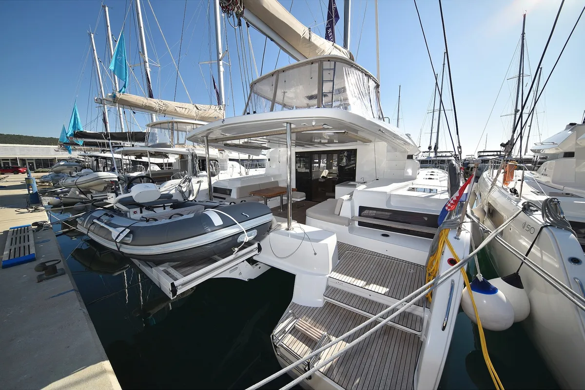Exterior view of Shadow, a Lagoon 50 catamaran at Sukošan, Croatia