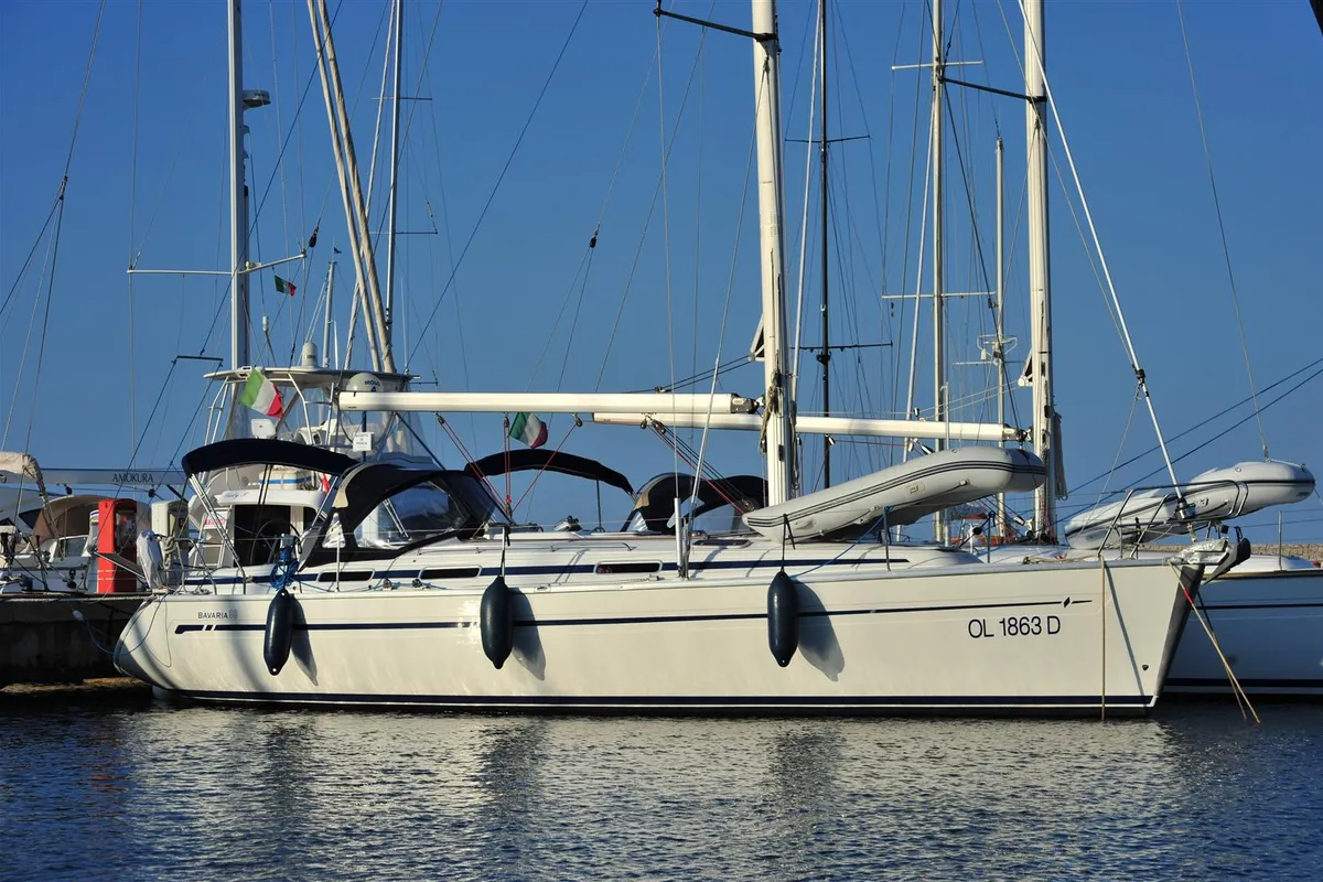 Exterior view of Tommy, a Bavaria 38 sailboat at Olbia, Italy