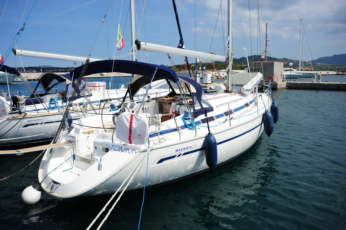Exterior view of Tommy, a Bavaria 38 sailboat at Olbia, Italy