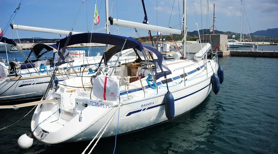 Exterior view of Tommy, a Bavaria 38 sailboat at Olbia, Italy