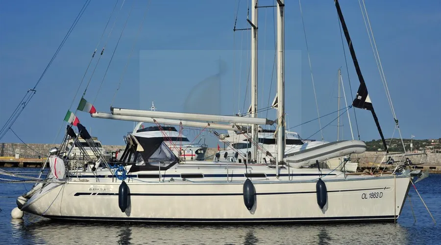 Exterior view of Tommy, a Bavaria 38 sailboat at Olbia, Italy