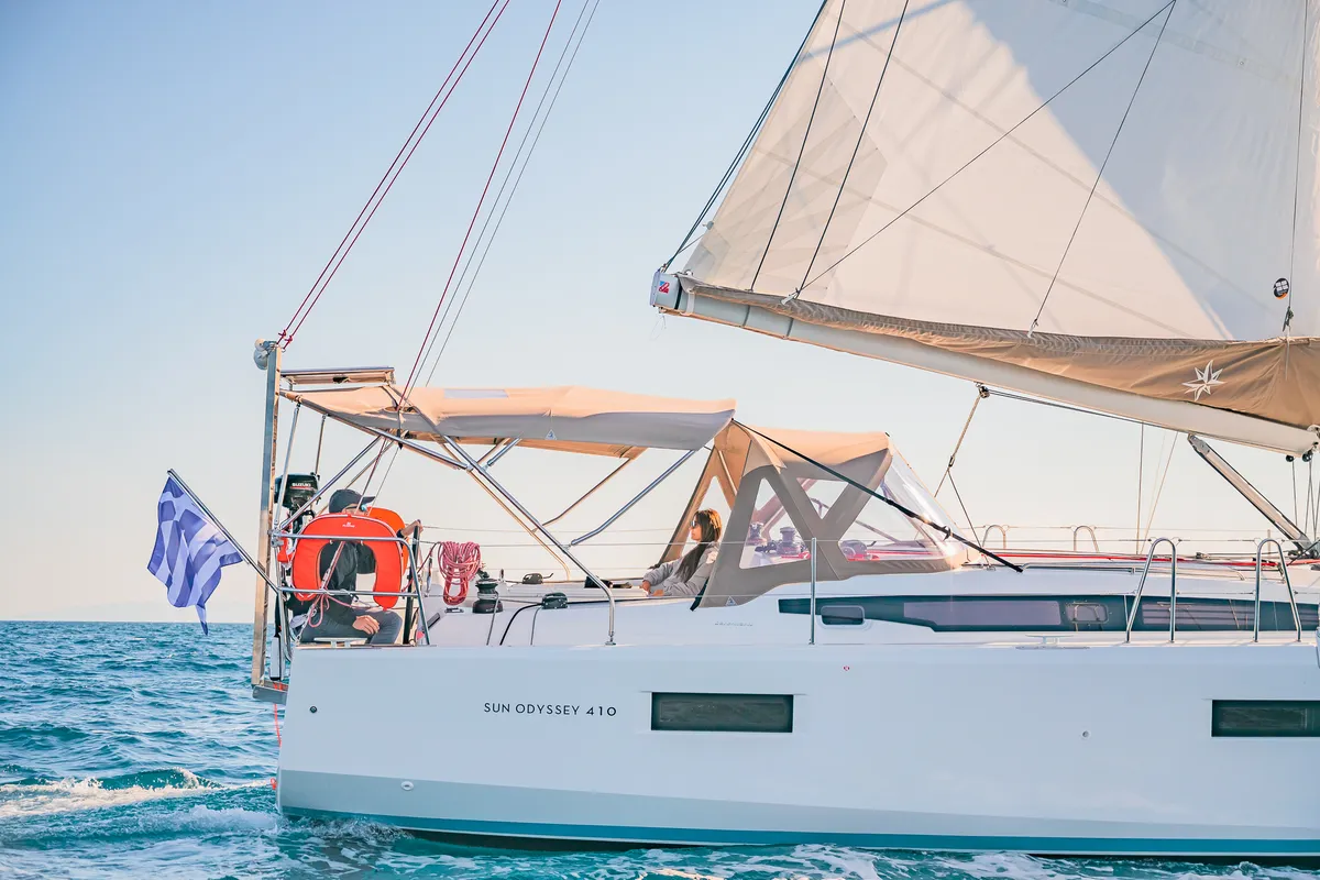 Exterior view of Emotion, a Jeanneau Sun Odyssey 410 sailboat at Athens, Greece