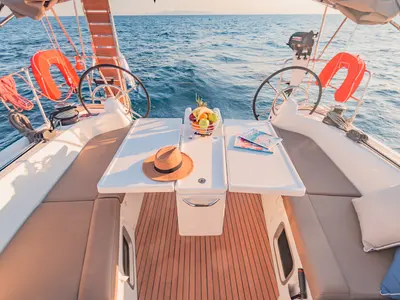 Cockpit of Emotion, a Jeanneau Sun Odyssey 410 sailboat at Athens, Greece