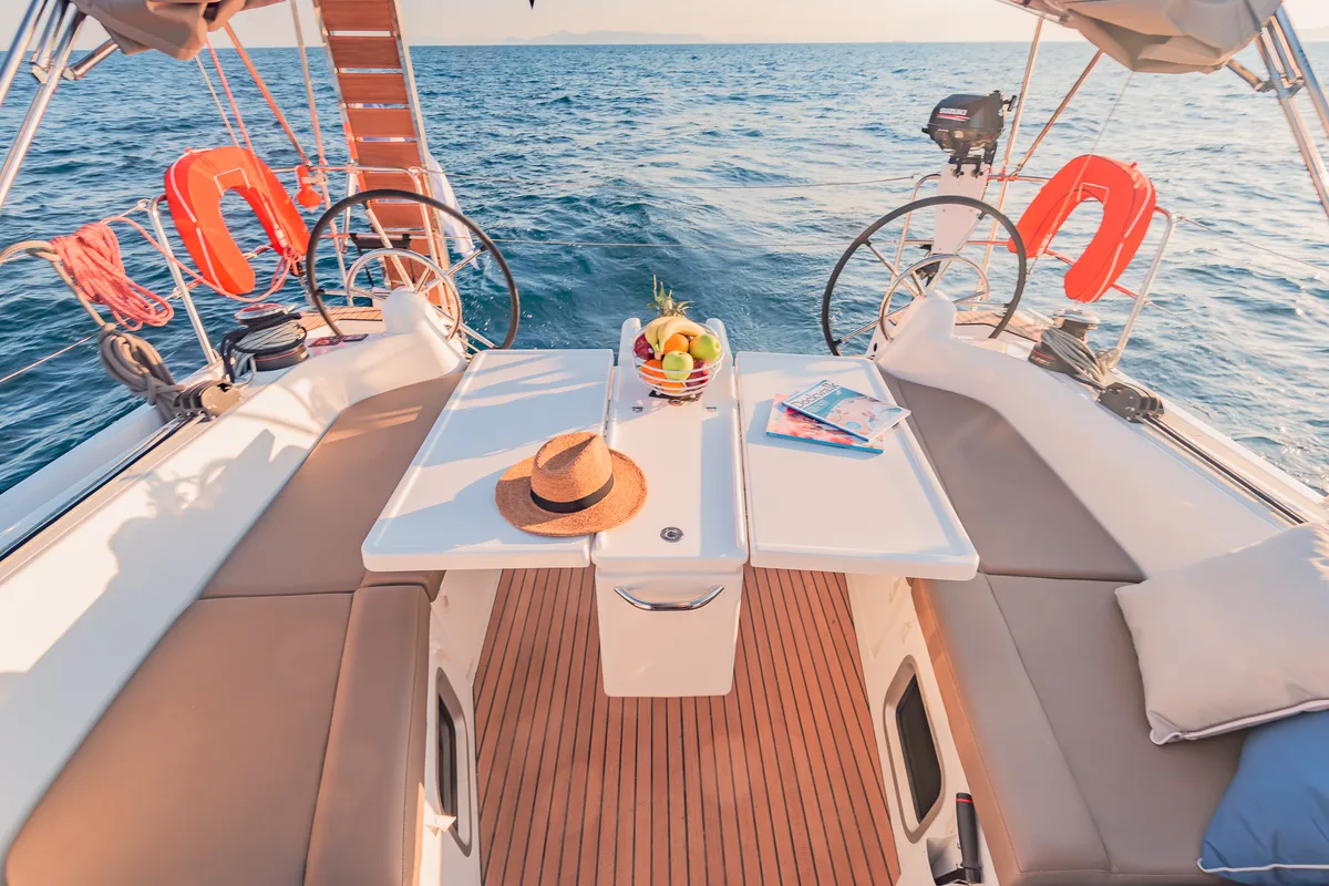 Cockpit of Emotion, a Jeanneau Sun Odyssey 410 sailboat at Athens, Greece