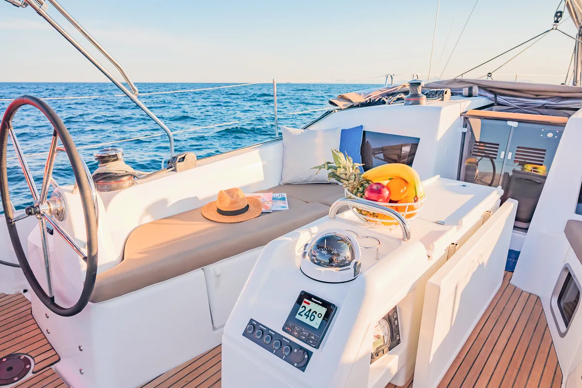 Cockpit of Emotion, a Jeanneau Sun Odyssey 410 sailboat at Athens, Greece
