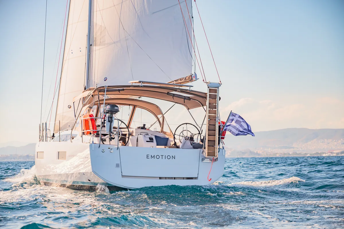 Exterior view of Emotion, a Jeanneau Sun Odyssey 410 sailboat at Athens, Greece