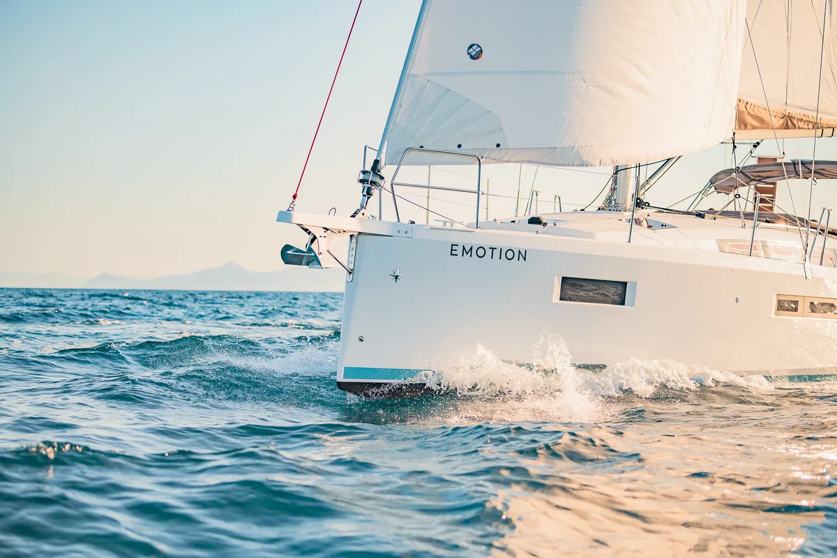 Exterior view of Emotion, a Jeanneau Sun Odyssey 410 sailboat at Athens, Greece