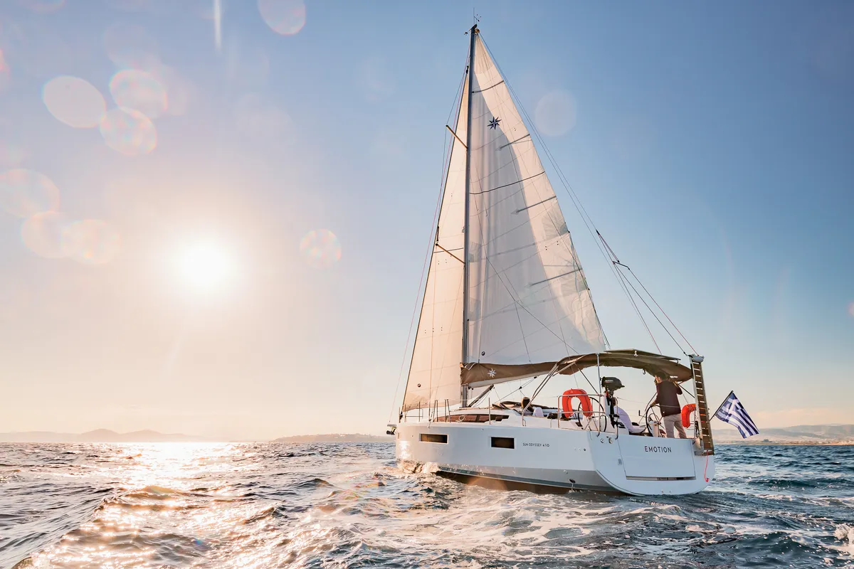 Exterior view of Emotion, a Jeanneau Sun Odyssey 410 sailboat at Athens, Greece