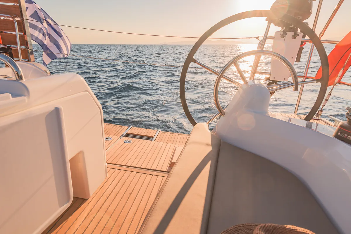 Cockpit of Emotion, a Jeanneau Sun Odyssey 410 sailboat at Athens, Greece