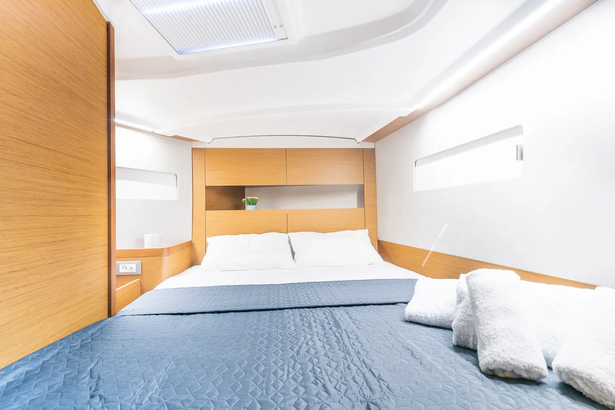 Cabin on Emotion, a Jeanneau Sun Odyssey 410 sailboat at Athens, Greece