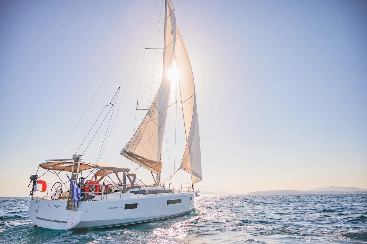 Exterior view of Emotion, a Jeanneau Sun Odyssey 410 sailboat at Athens, Greece