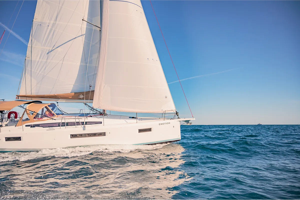 Exterior view of Emotion, a Jeanneau Sun Odyssey 410 sailboat at Athens, Greece