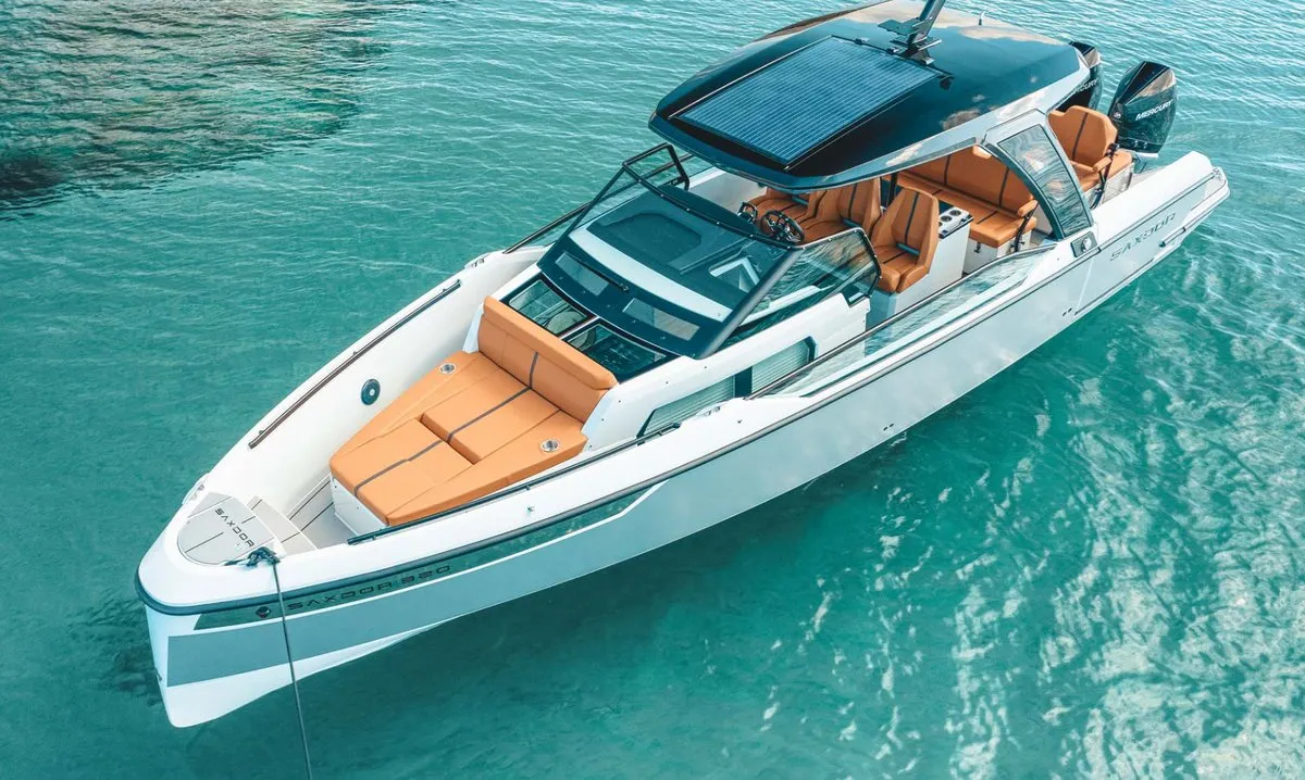 Exterior view of Respirato, a Saxdor 320 GTO motorboat at Grad Vodice, Croatia