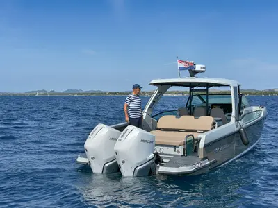 Exterior view of Respirato, a Saxdor 320 GTO motorboat at Grad Vodice, Croatia