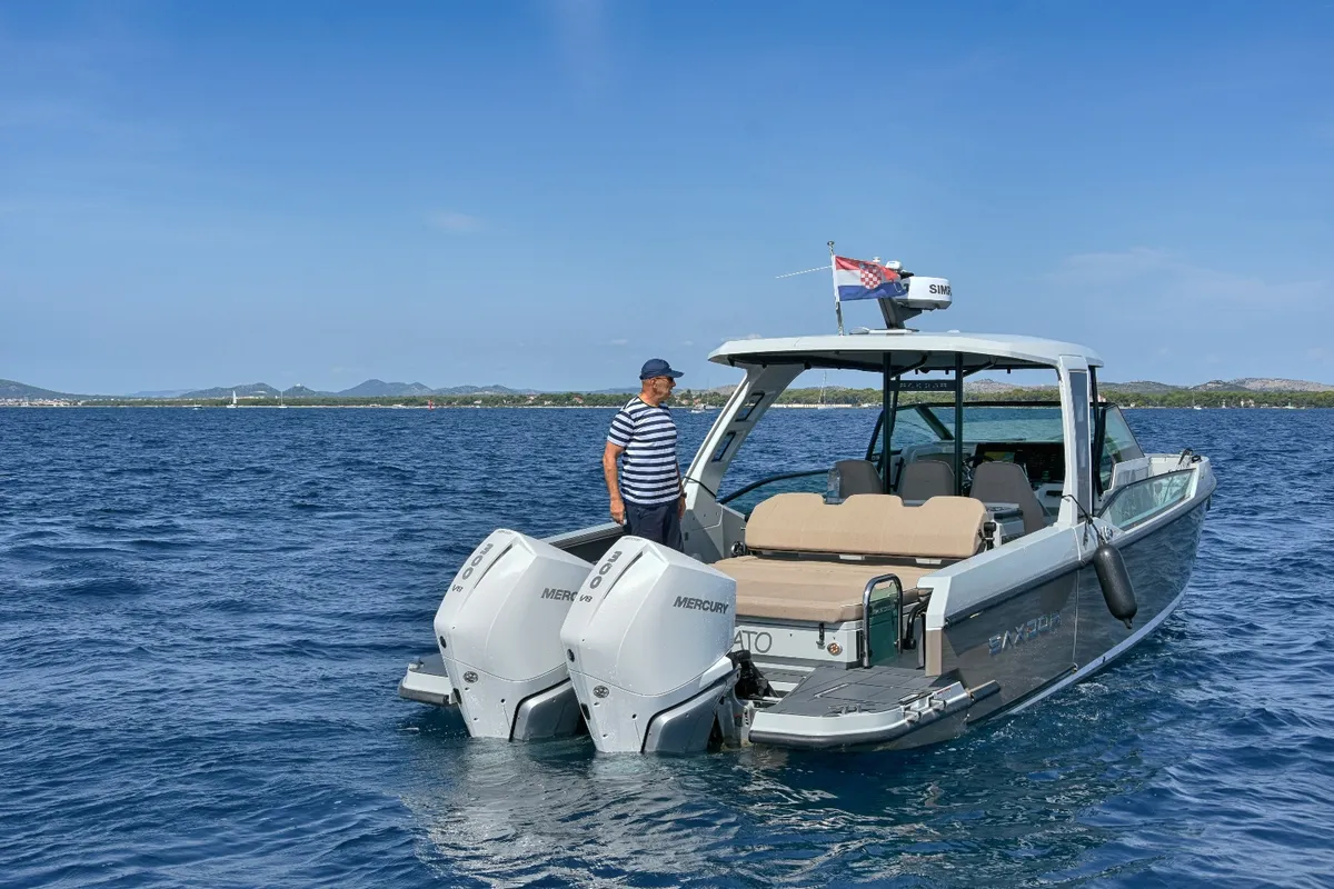 Exterior view of Respirato, a Saxdor 320 GTO motorboat at Grad Vodice, Croatia