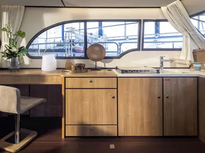 Galley of La Gourmandise, a Linssen Grand Sturdy 35.0 Sedan motorboat at Le Landeron, Switzerland