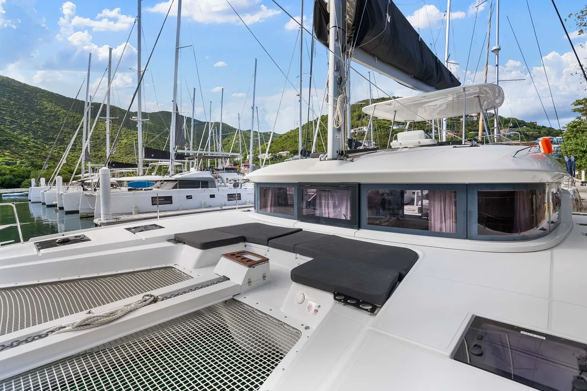 Deck of Slinky Malinki, a Lagoon 51 catamaran at Road Town, British Virgin Islands