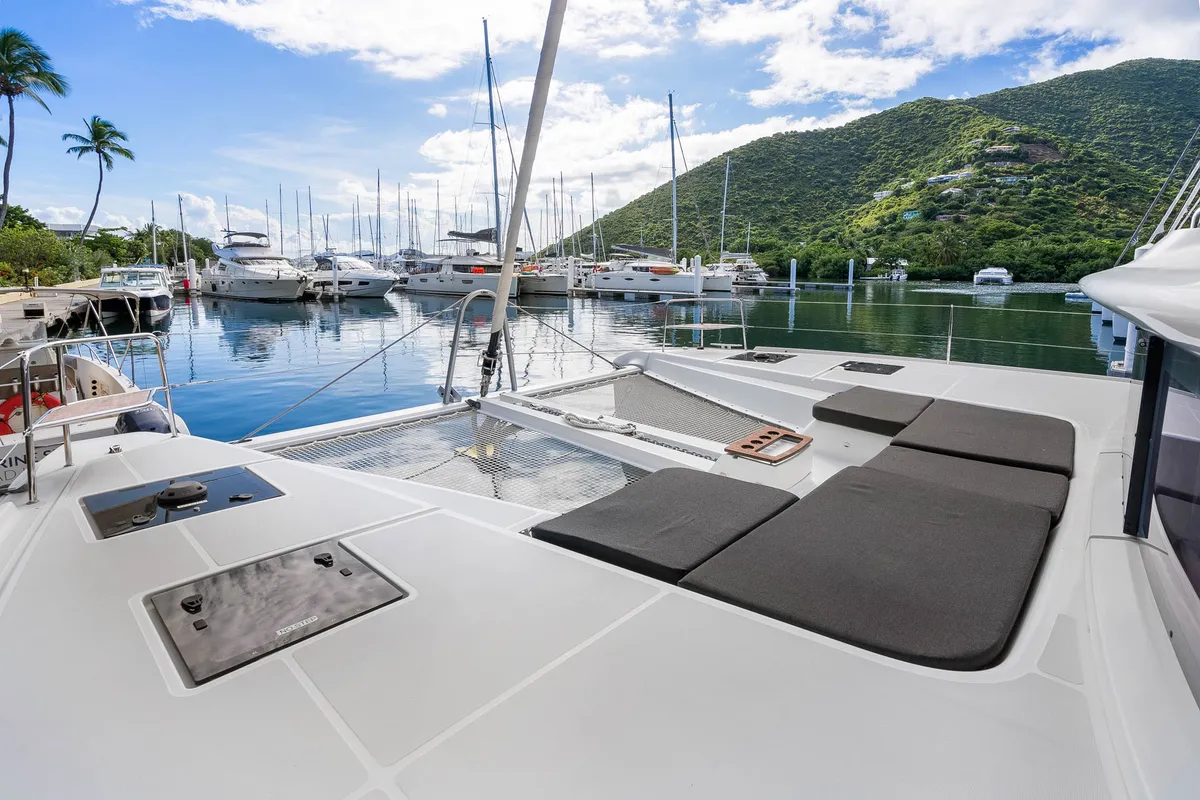 Deck of Slinky Malinki, a Lagoon 51 catamaran at Road Town, British Virgin Islands