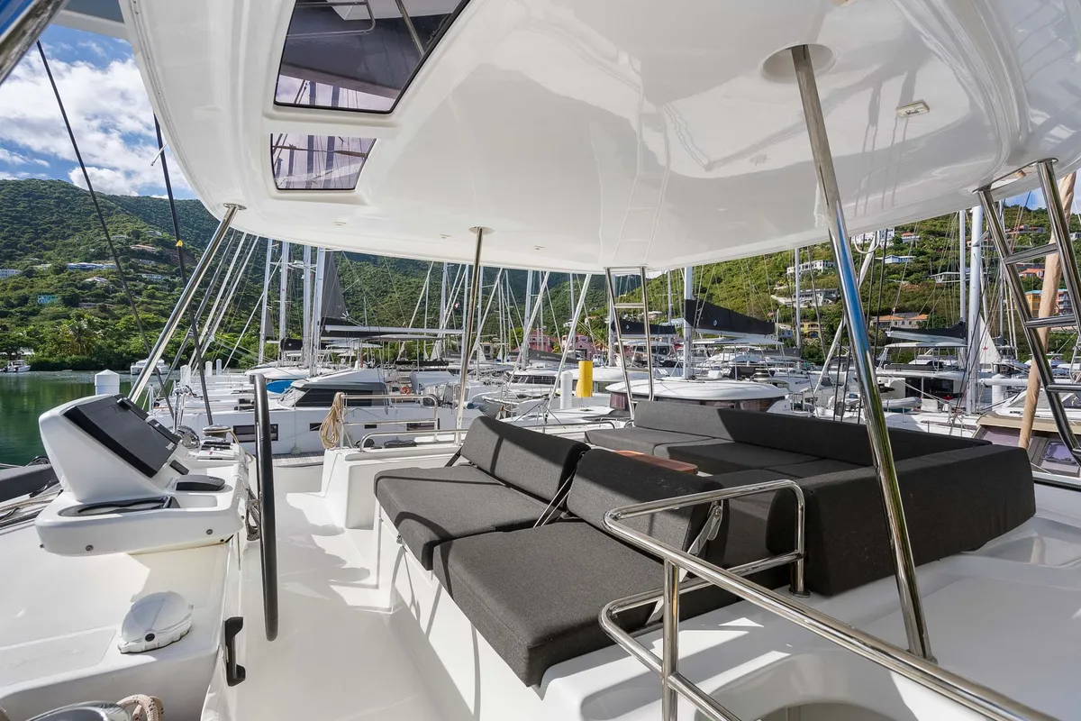 Deck of Slinky Malinki, a Lagoon 51 catamaran at Road Town, British Virgin Islands