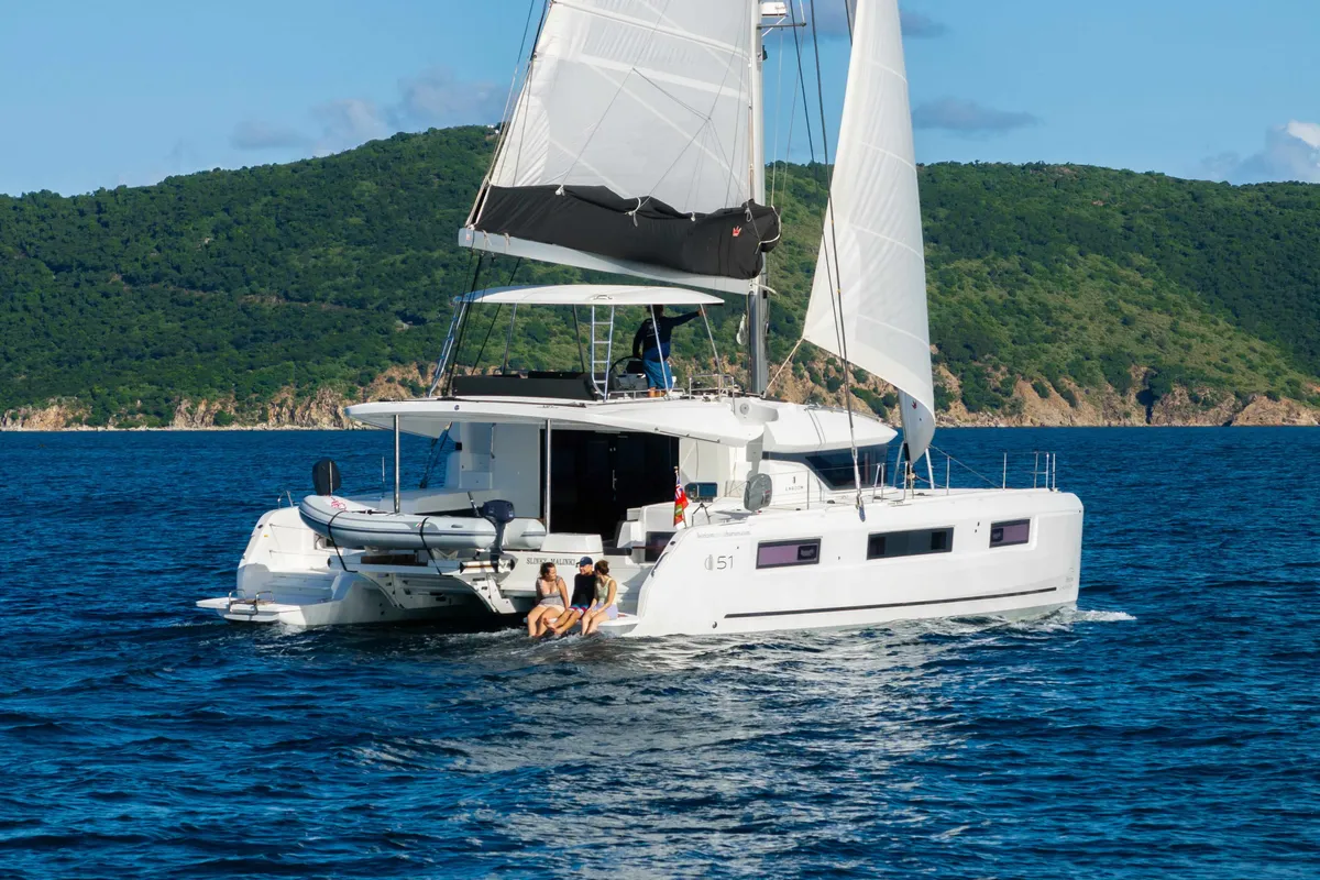 Exterior view of Slinky Malinki, a Lagoon 51 catamaran at Road Town, British Virgin Islands