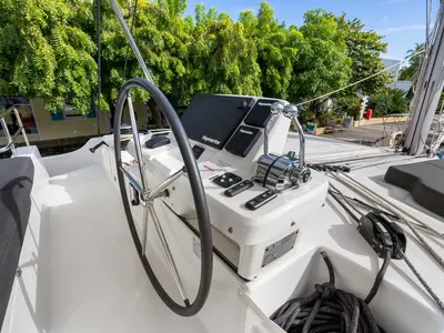 Cockpit of Slinky Malinki, a Lagoon 51 catamaran at Road Town, British Virgin Islands