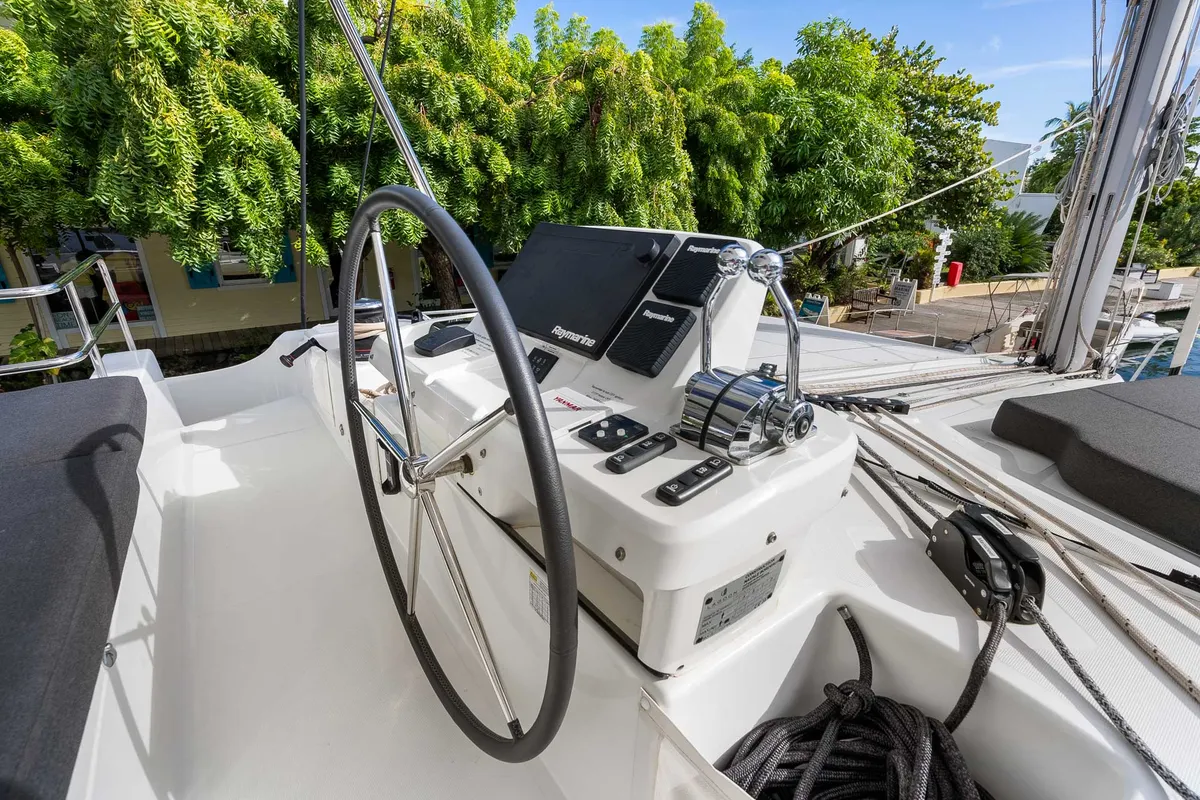 Cockpit of Slinky Malinki, a Lagoon 51 catamaran at Road Town, British Virgin Islands