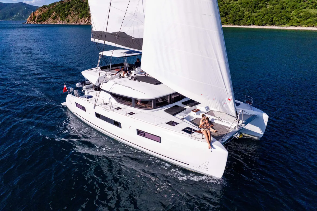 Exterior view of Slinky Malinki, a Lagoon 51 catamaran at Road Town, British Virgin Islands