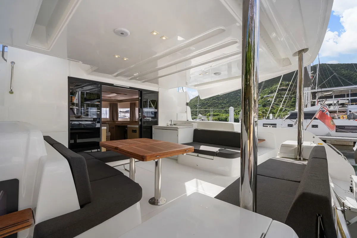 Deck of Slinky Malinki, a Lagoon 51 catamaran at Road Town, British Virgin Islands