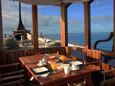 Deck of Stella 1, a Gulet Wooden motor yacht motor yacht at Malé, Maldives