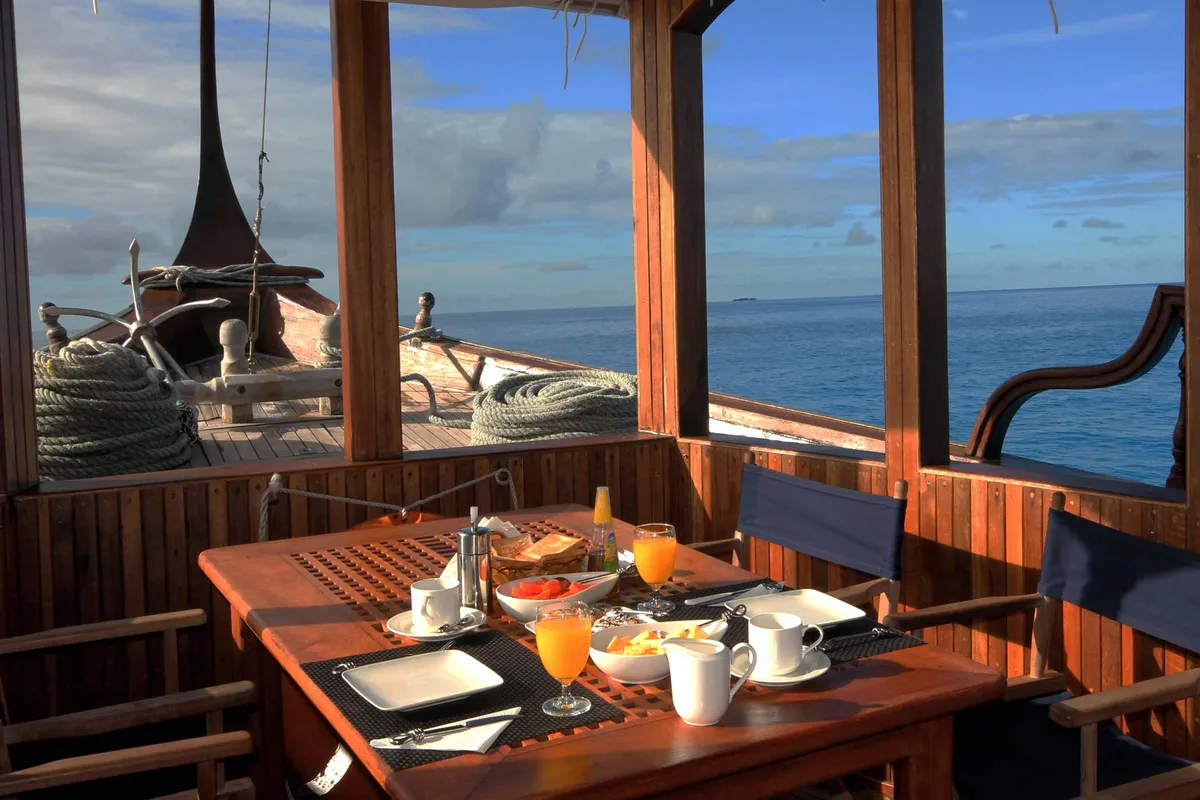 Deck of Stella 1, a Gulet Wooden motor yacht motor yacht at Malé, Maldives