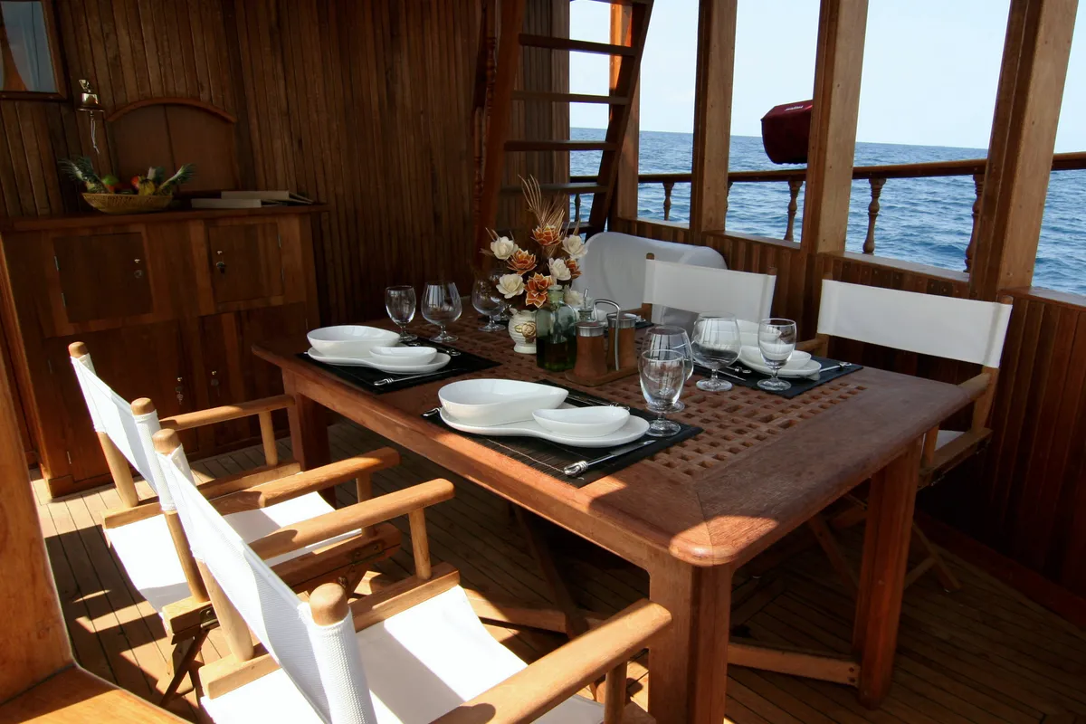 Deck of Stella 1, a Gulet Wooden motor yacht motor yacht at Malé, Maldives