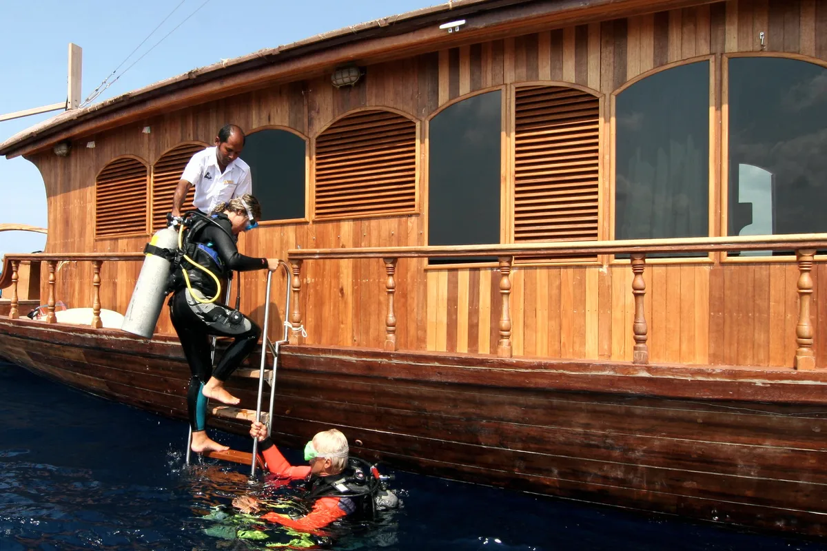 Exterior view of Stella 1, a Gulet Wooden motor yacht motor yacht at Malé, Maldives
