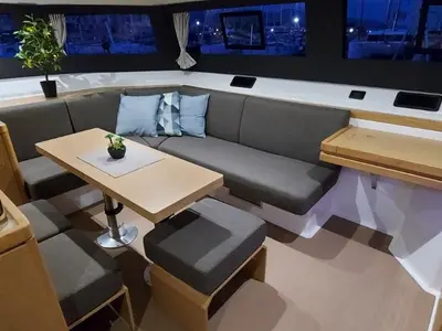 Salon of Albertina II, a Dufour Catamaran 48 catamaran at Athens, Greece