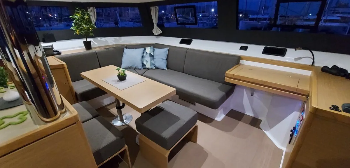 Salon of Albertina II, a Dufour Catamaran 48 catamaran at Athens, Greece