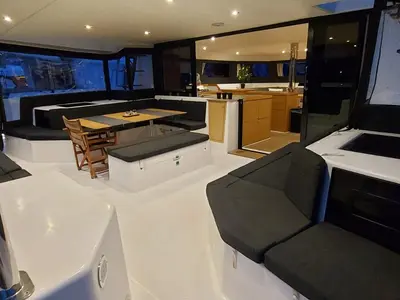Deck of Albertina II, a Dufour Catamaran 48 catamaran at Athens, Greece