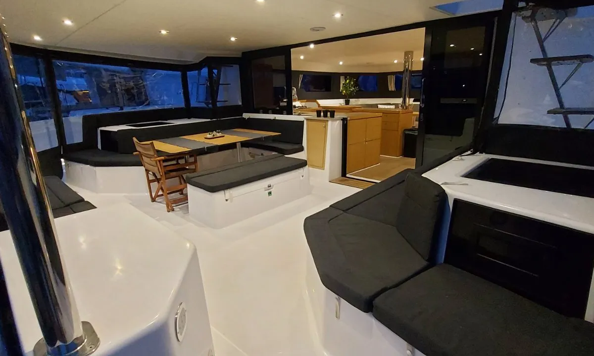Deck of Albertina II, a Dufour Catamaran 48 catamaran at Athens, Greece