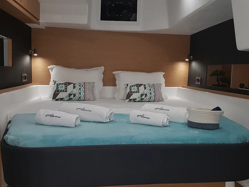 Cabin on Albertina II, a Dufour Catamaran 48 catamaran at Athens, Greece