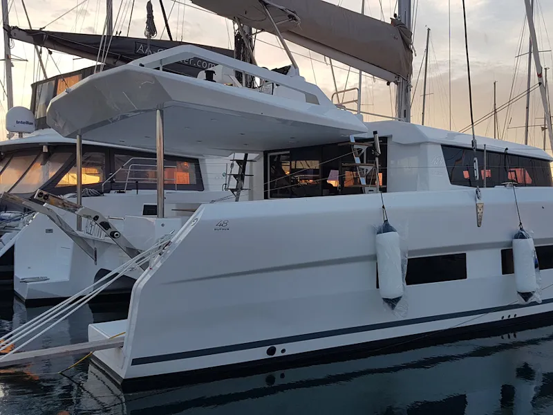 Exterior view of Albertina II, a Dufour Catamaran 48 catamaran at Athens, Greece