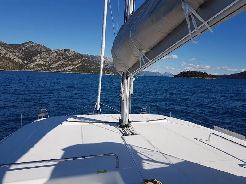 Deck of Albertina II, a Dufour Catamaran 48 catamaran at Athens, Greece