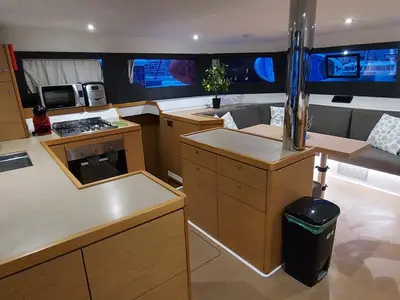Galley of Albertina II, a Dufour Catamaran 48 catamaran at Athens, Greece