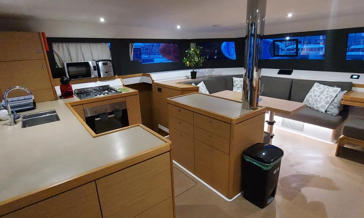 Galley of Albertina II, a Dufour Catamaran 48 catamaran at Athens, Greece