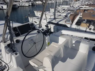 Cockpit of Albertina II, a Dufour Catamaran 48 catamaran at Athens, Greece